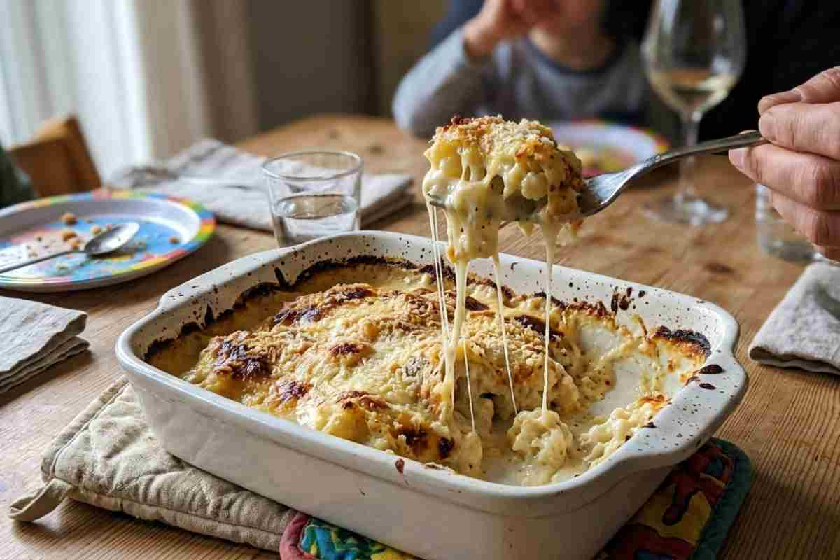 Porzione di sformato di cavolfiore gratinato al forno sollevata con una forchetta, con besciamella al parmigiano filante e crosticina dorata di pangrattato, servito in una teglia da cucina su tavola imbandita.