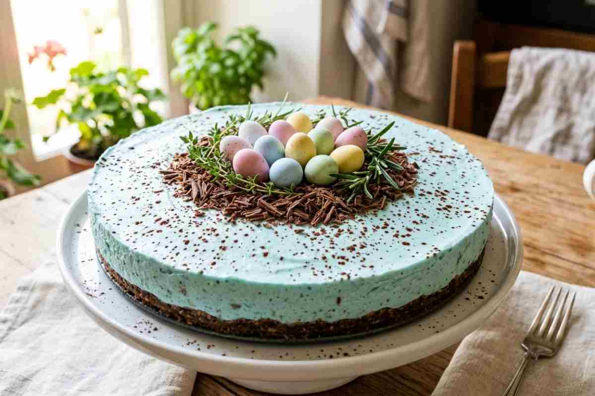 Cheesecake di Pasqua azzurra senza cottura con ovetti e decorazione effetto pettirosso su tavola in legno luminosa.