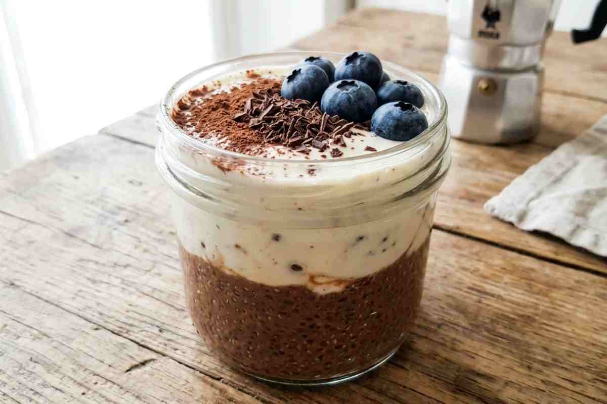 Dettaglio cremoso Chia Pudding Mocaccino in barattolo con mirtilli e cacao.