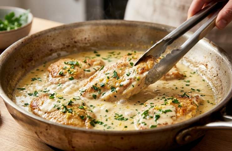 Pollo della Principessa Sissi in padella con crema al limone e prezzemolo.