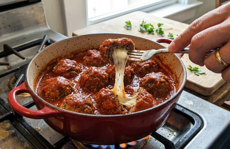 Una mano taglia una polpetta di carne macinata con cuore di provola fusa in un piatto di ceramica con sugo di pomodoro. L'immagine mostra la consistenza morbida della polpetta e il formaggio che fila perfettamente, con pane casereccio e vino sullo sfondo.