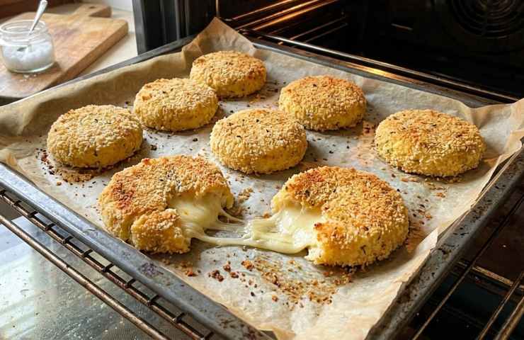Teglia da forno con burger di cavolfiore dorati e croccanti; un burger è diviso a metà mostrando il cuore di formaggio fuso e filante su carta forno.