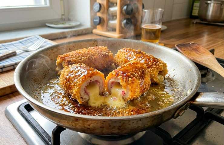Involtini di pollo croccanti con speck e scamorza affumicata che sfrigolano in padella con glassa al miele e senape e formaggio fuso