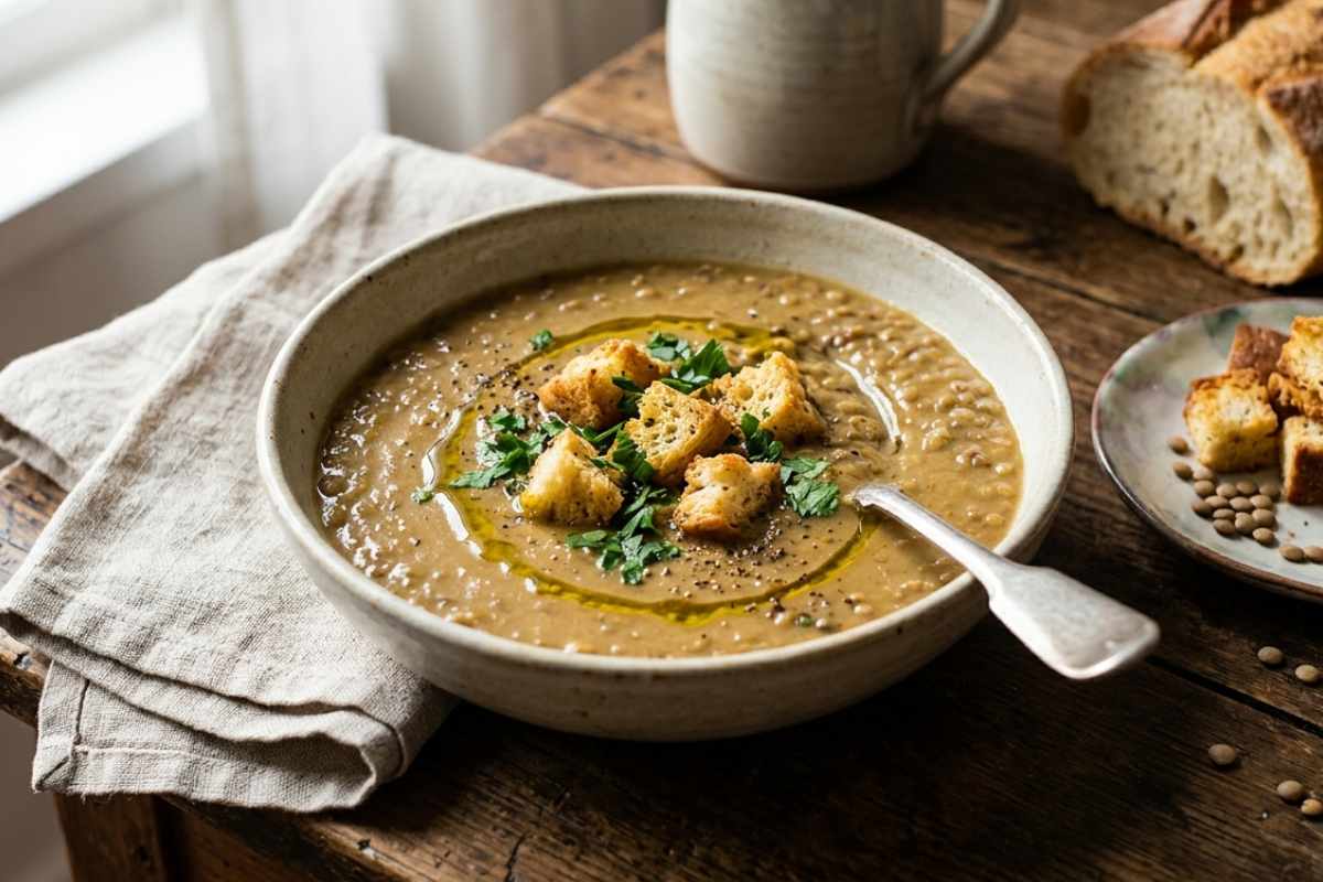 crema di lenticchie con pezzi di pane