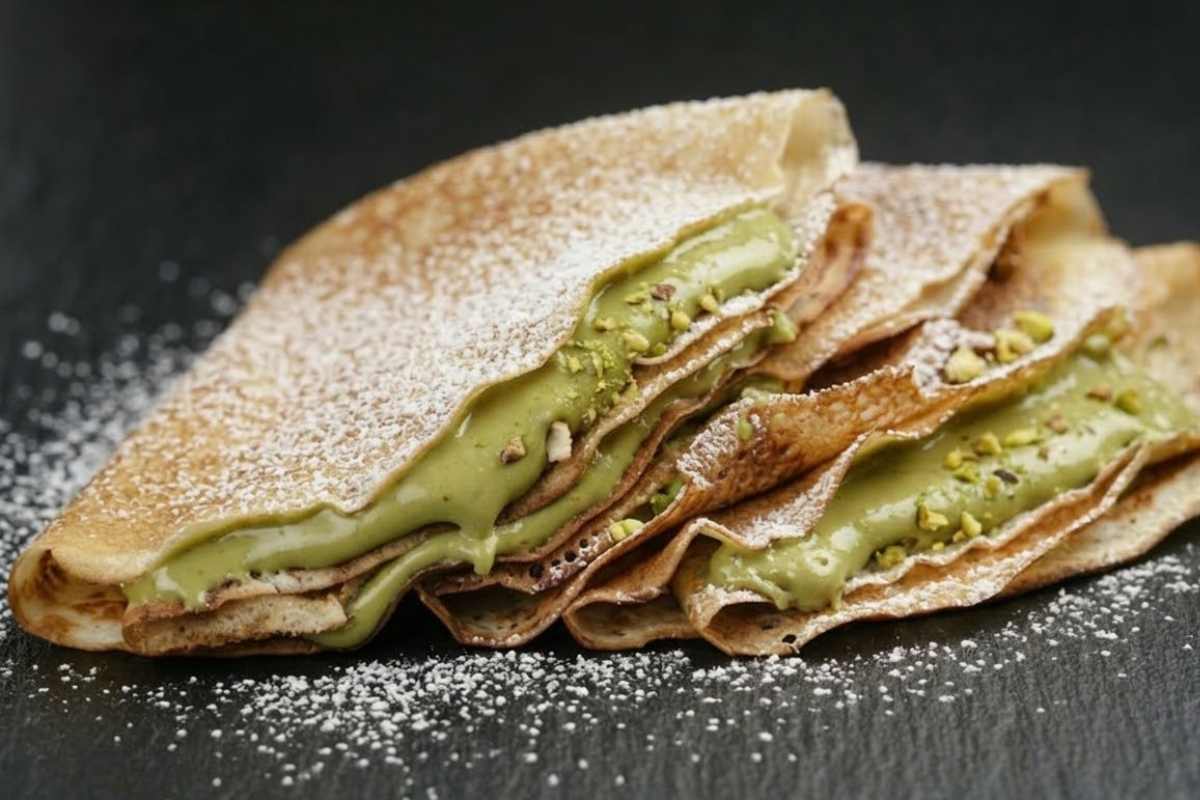 crepes al pistacchio con zucchero a velo
