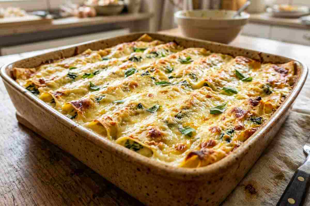 Crespelle ricotta e spinaci gratinate al forno in pirofila, ricetta primo piatto di Pasqua.