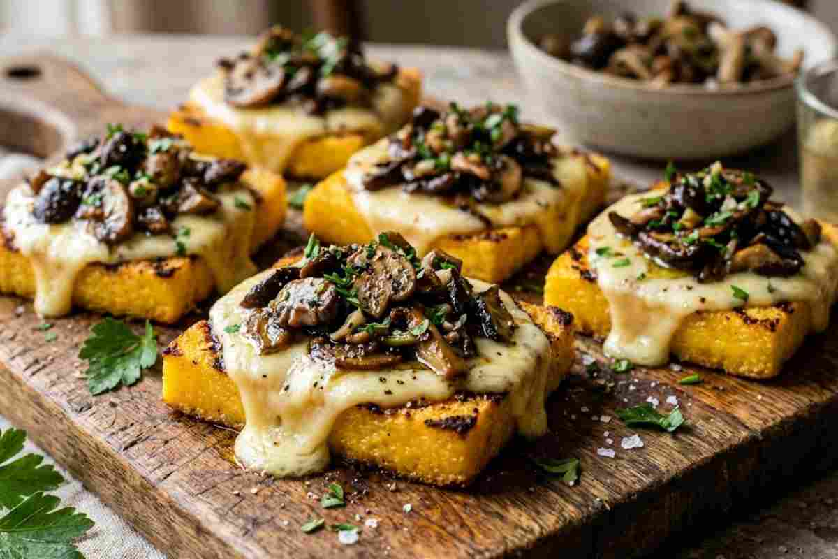 Crostini di polenta grigliata con funghi trifolati e taleggio fuso serviti su un tagliere di legno.