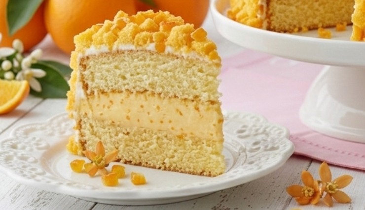 Primo piano di una fetta di torta mimosa all'arancia che mostra lo strato di crema diplomatica soda e il pan di spagna umido e alveolato.