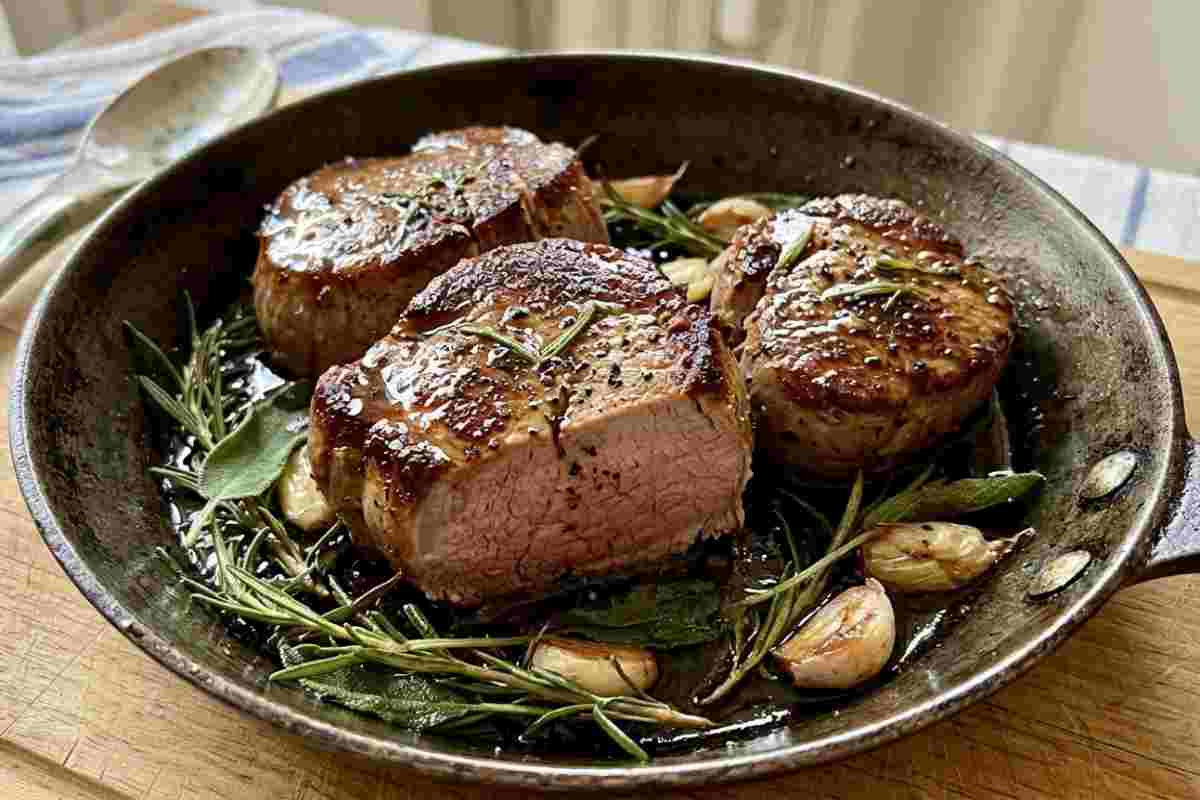 Filetto di maiale succoso in padella con crosticina dorata, aglio e rosmarino, servito in un tegame rustico.