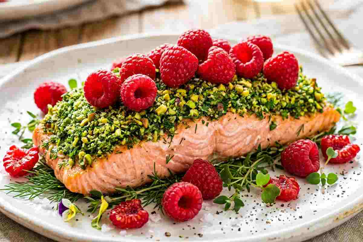 Filetto di salmone gourmet con crosta croccante di erbe verdi e pistacchi, guarnito con lamponi rossi freschi su un piatto bianco luminoso.