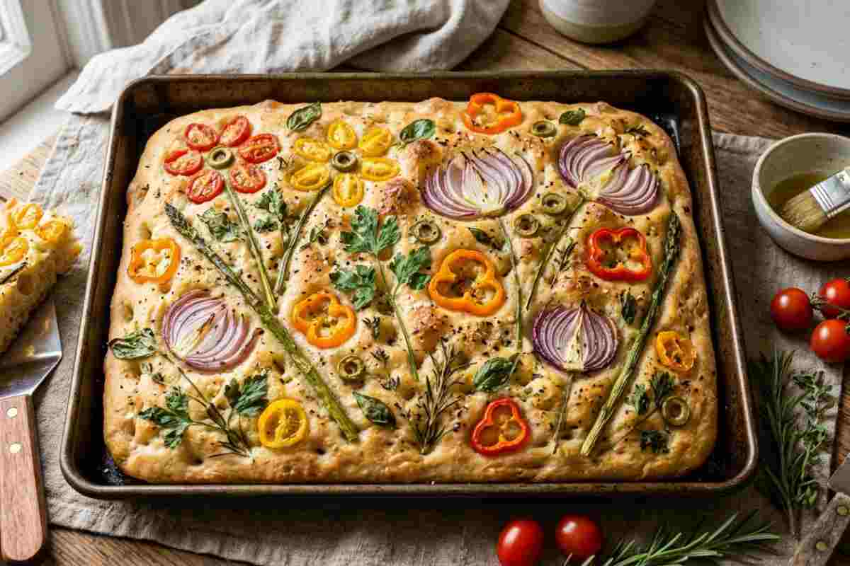 Focaccia di Pasqua decorata con verdure a forma di fiori, stile Garden Art su tavola rustica.