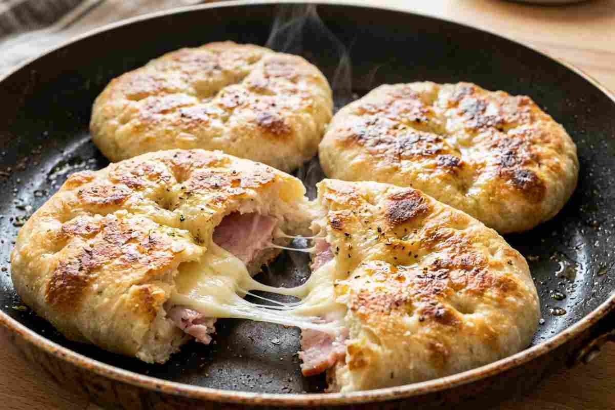 Focaccini in padella senza lievitazione dorati e filanti con prosciutto e formaggio, ricetta veloce salvacena.