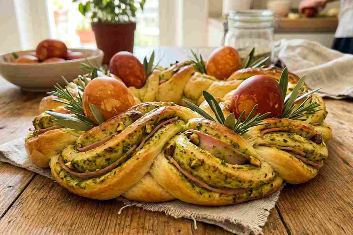 Ghirlanda brioche salata con pesto di pistacchio, mortadella e uova sode colorate con cipolla, su tavolo in legno rustico per Pasqua.