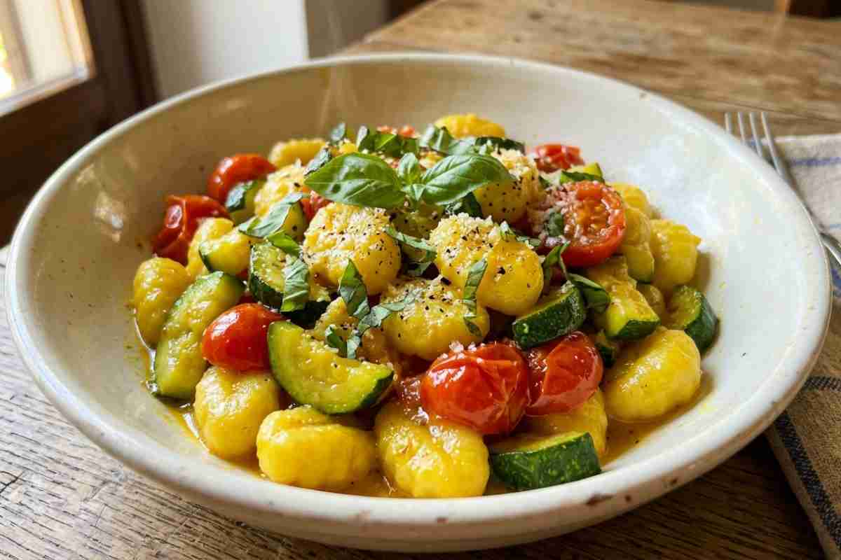 Gnocchi di patate cremosi allo zafferano con zucchine fresche, pomodorini ciliegino saltati e basilico, serviti in una ciotola di ceramica rustica su un tavolo di legno. Piatto pronto, vista ravvicinata.