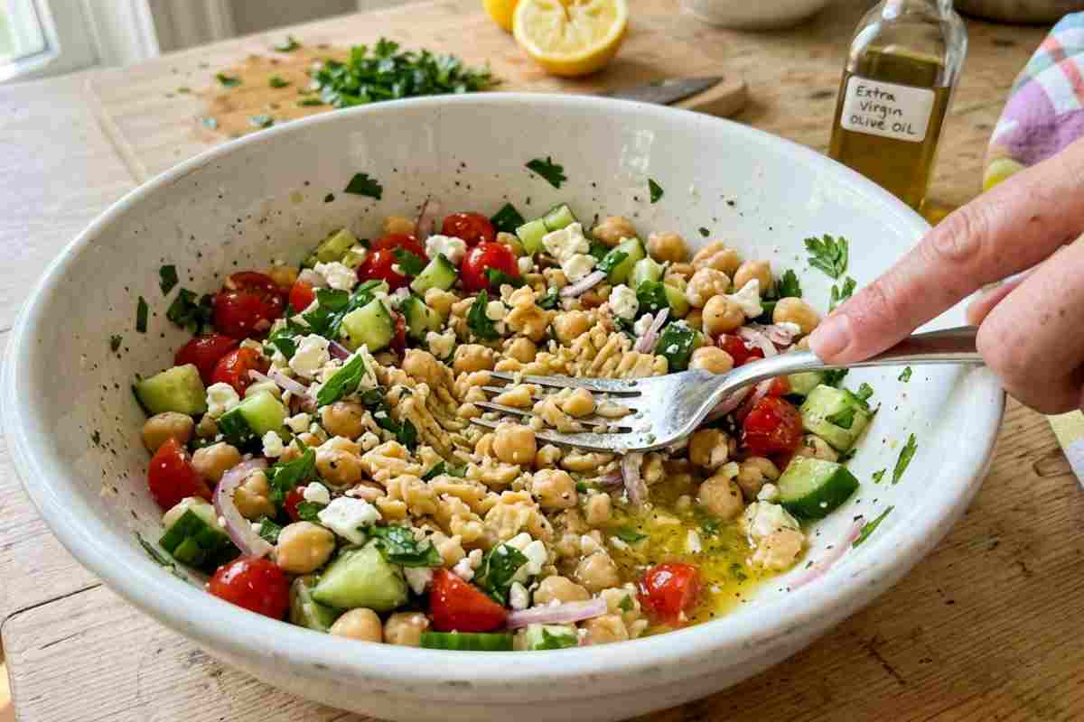Insalata di ceci schiacciati (Smashed Chickpea Salad) ricetta mediterranea veloce con feta, cetrioli e pomodori in una ciotola bianca su tavolo in legno.