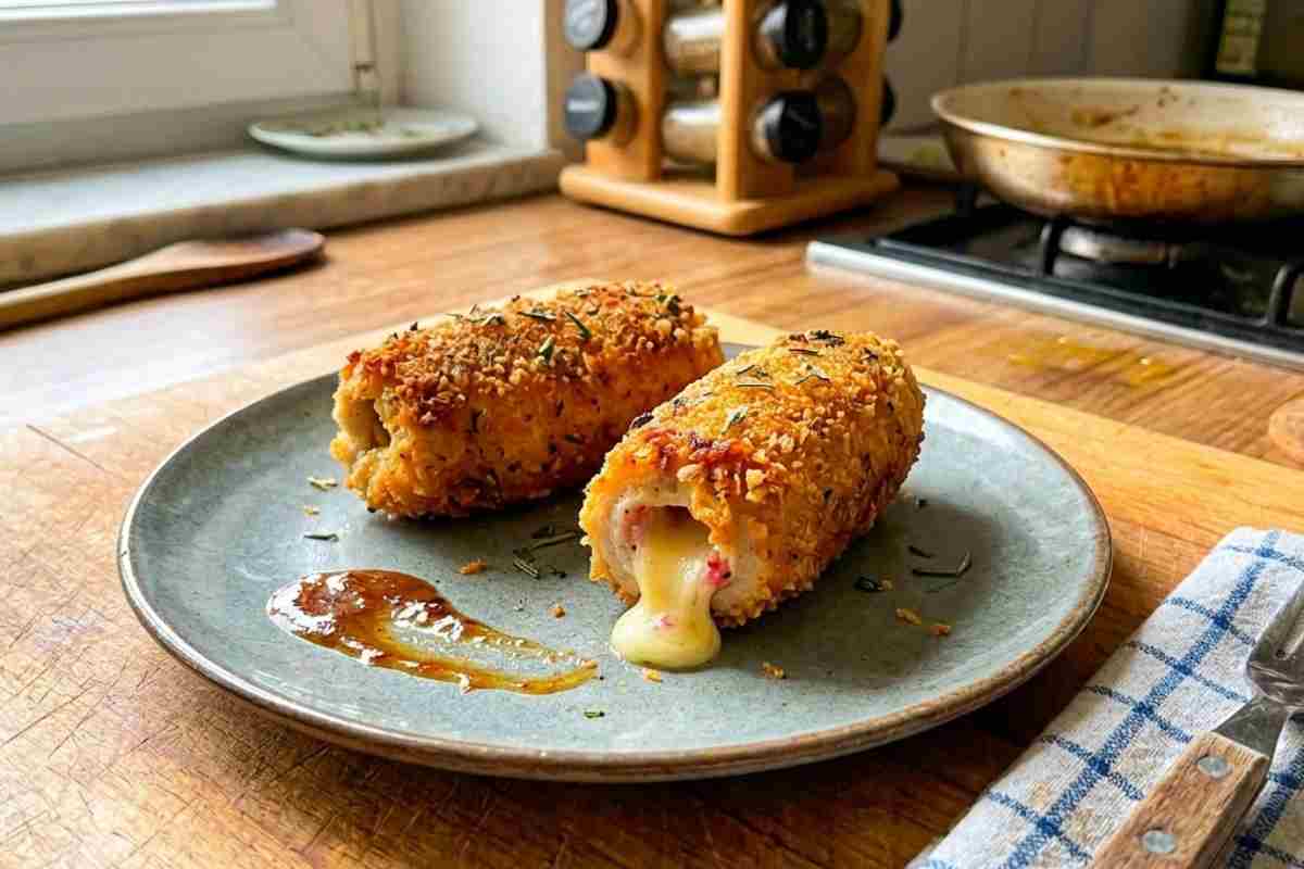 Involtini di pollo croccanti con speck e scamorza affumicata filante serviti su un piatto con glassa al miele e senape