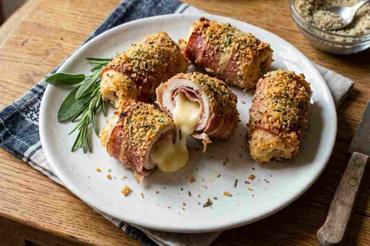 Un piatto di ceramica con cinque involtini di pollo croccanti avvolti nello speck e una panatura dorata. Al centro, un involtino è tagliato a metà, mostrando un cuore filante di scamorza affumicata che fuoriesce. Sulla sinistra, un rametto di rosmarino e foglie di salvia fresche.