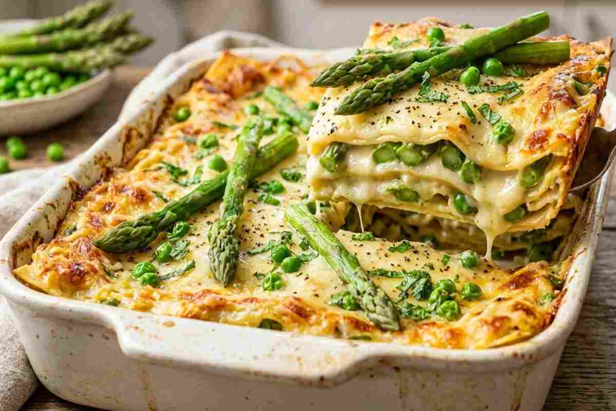 Fetta di lasagna bianca cremosa con punte di asparagi verdi e pisellini freschi appena sollevata da una teglia dorata e fumante.