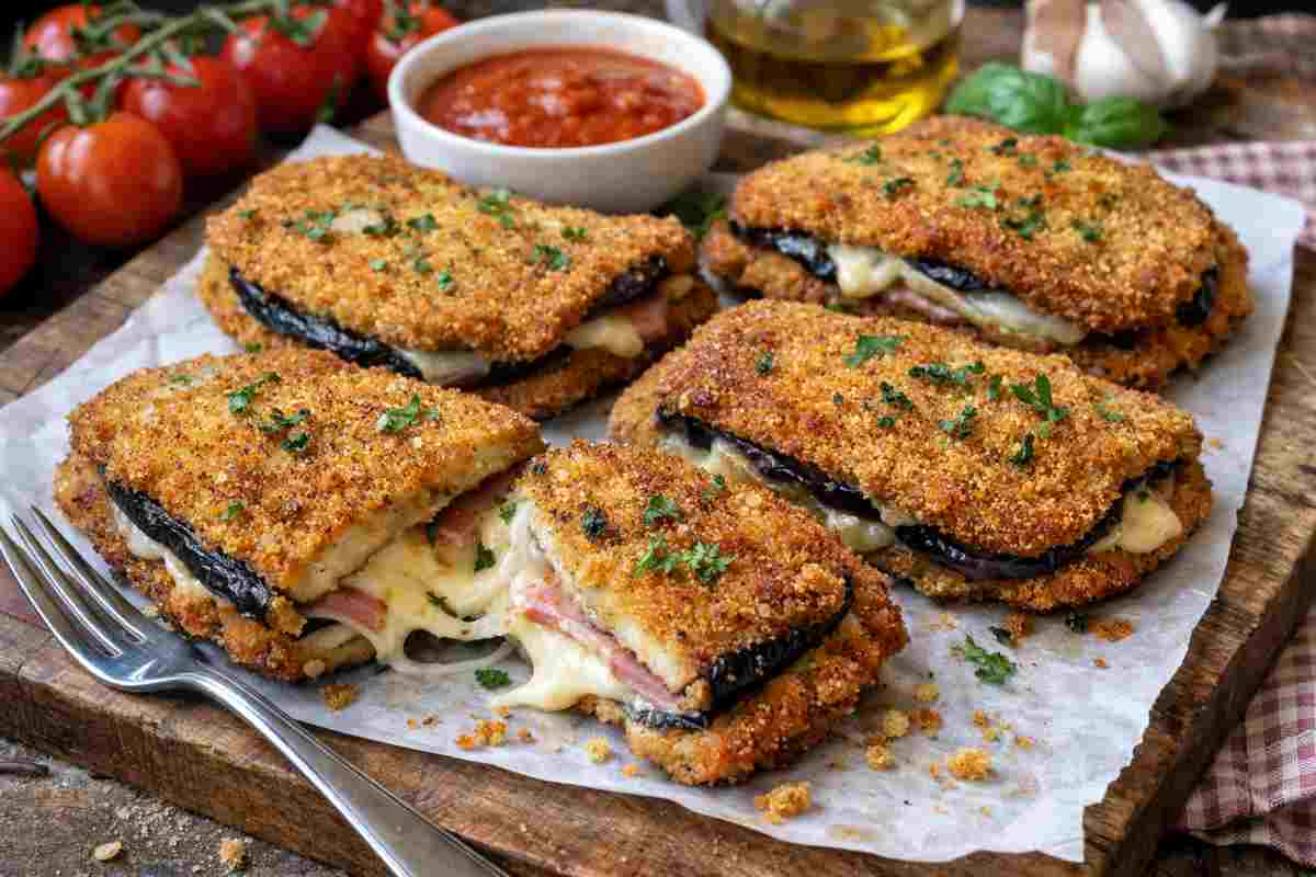 Melanzane a portafoglio croccanti con cuore filante di mozzarella su carta forno e salsa