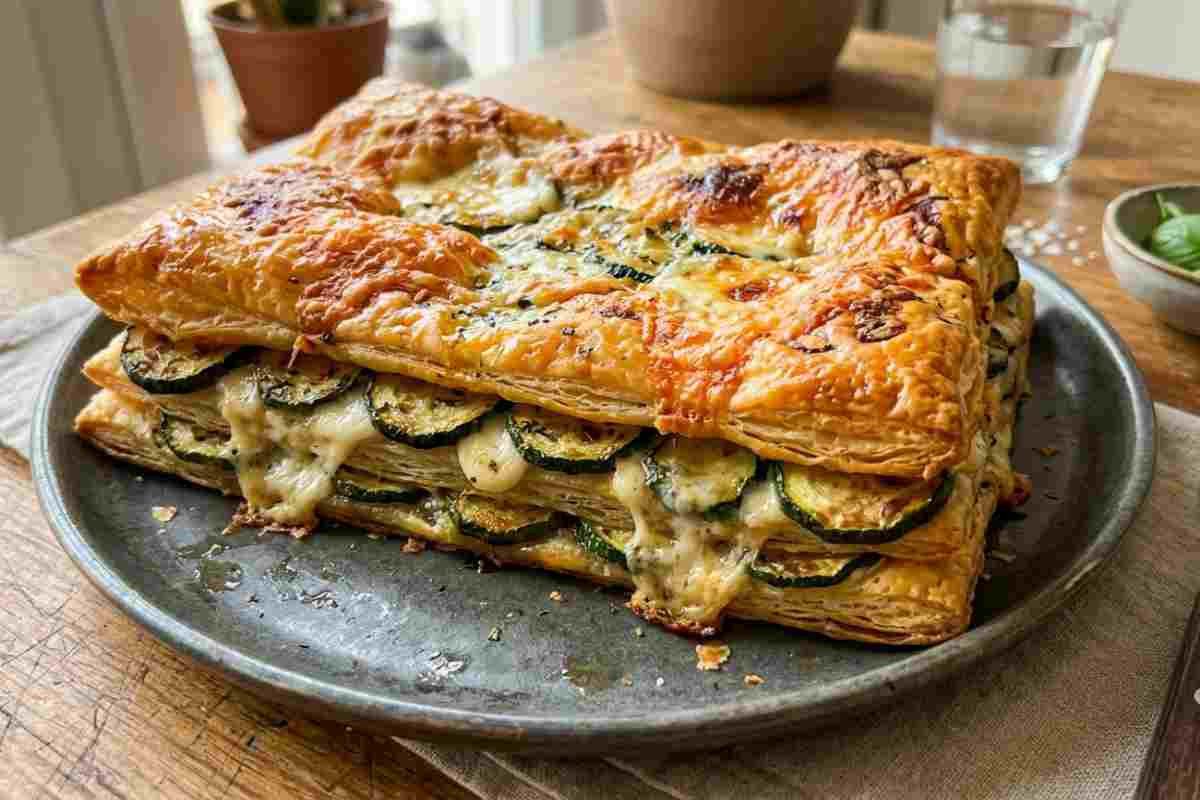 Millefoglie salata con zucchine e mozzarella: sfoglia croccante fatta in casa su un piatto di ceramica, luce naturale.