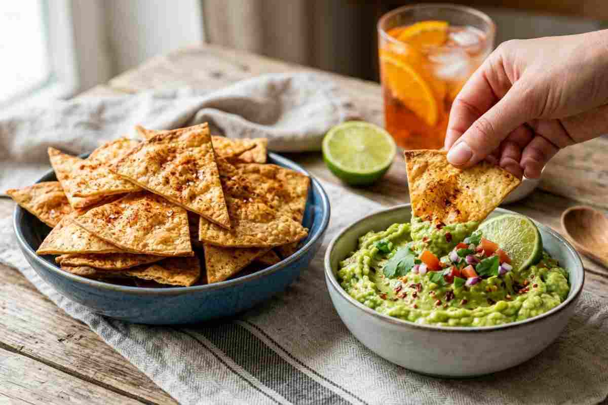 Triangolini di piadina croccante speziata intinti in ciotola di guacamole fresco con lime, serviti su tavolo in legno.