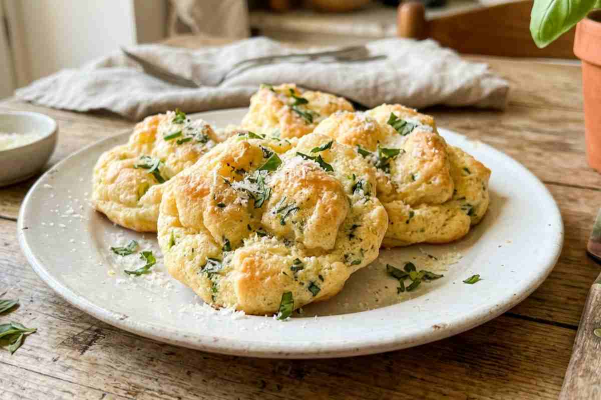 Nuvole di ricotta ed erbette senza glutine al forno su piatto rustico.