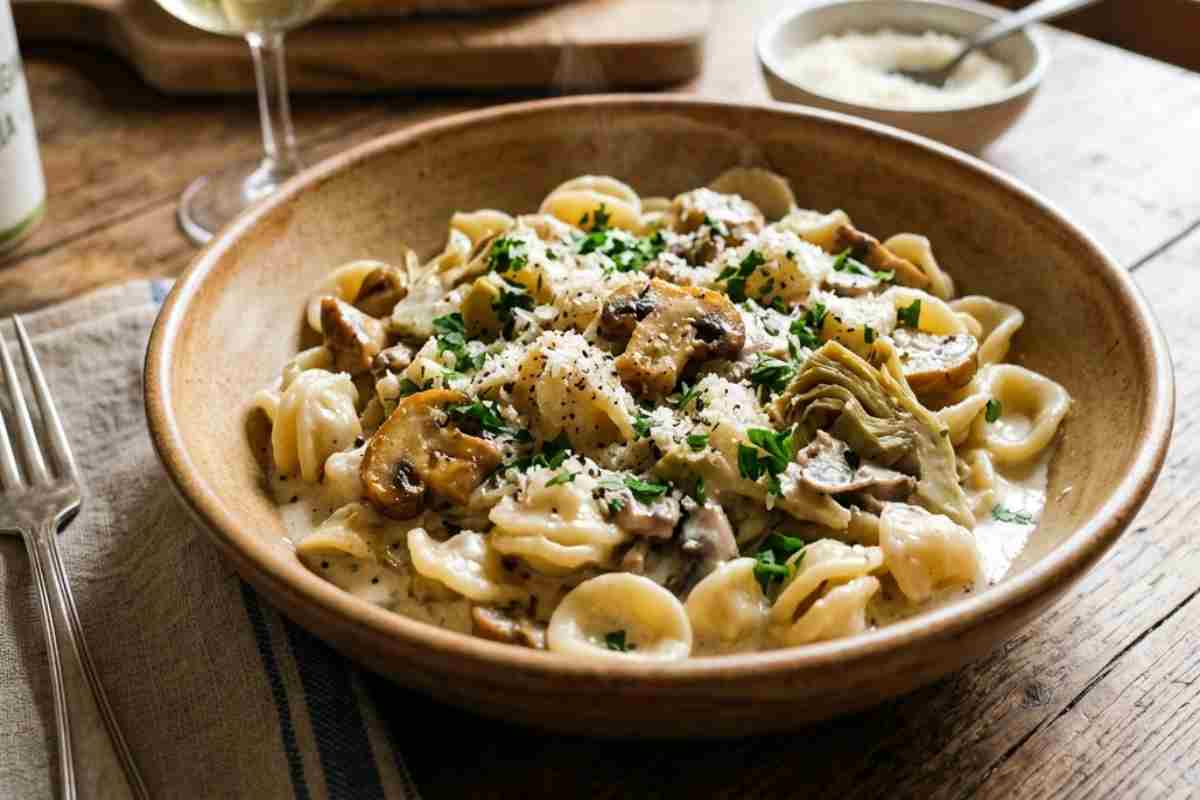 Orecchiette cremose con funghi champignon, cuori di carciofo, prezzemolo fresco e parmigiano grattugiato, servite in una ciotola di ceramica rustica su un tavolo di legno.