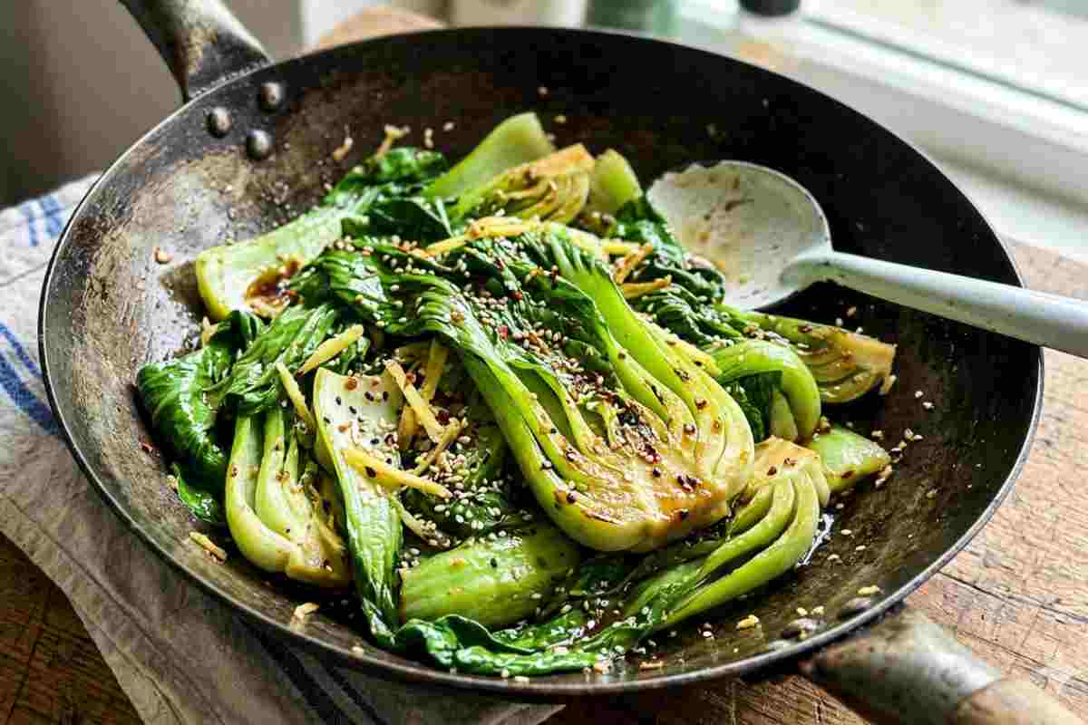 Pak Choi saltato in padella con zenzero, salsa di soia e semi di sesamo, servito in un wok rustico su un tavolo di legno.
