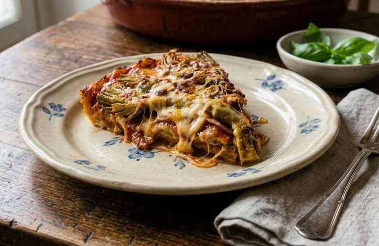 Una fetta di Parmigiana di Carciofi alla Napoletana in un piatto su tavola apparecchiata.
