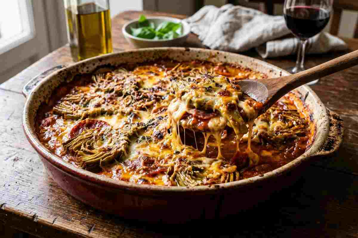 Parmigiana di carciofi alla napoletana filante con provola e salame servita in una teglia di terracotta.