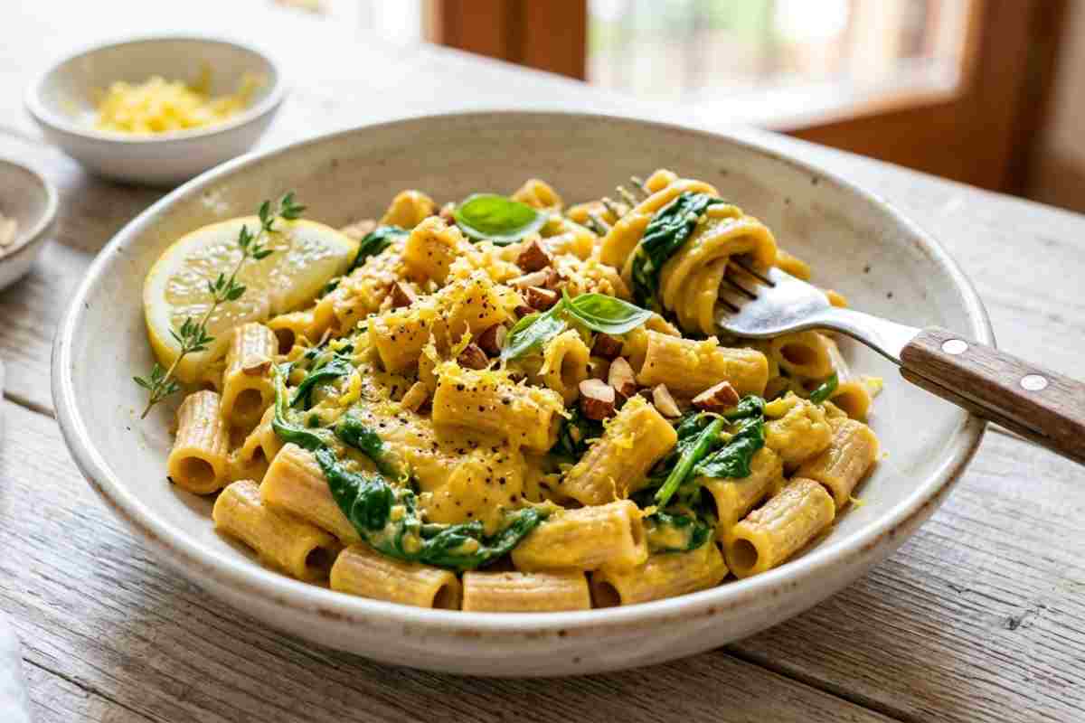Primo piano di un piatto di pasta integrale rigata condita con crema di ceci gialla, foglie di spinaci freschi, mandorle tritate e scorza di limone grattugiata, servito in una ciotola di ceramica su un tavolo di legno chiaro.