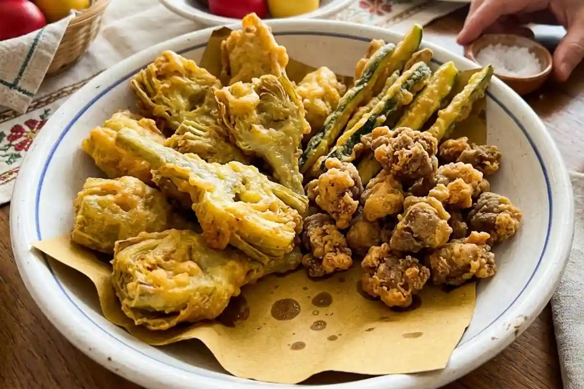 Pastella croccante per fritti di Pasqua allo strutto: carciofi e agnello dorati appena fritti.