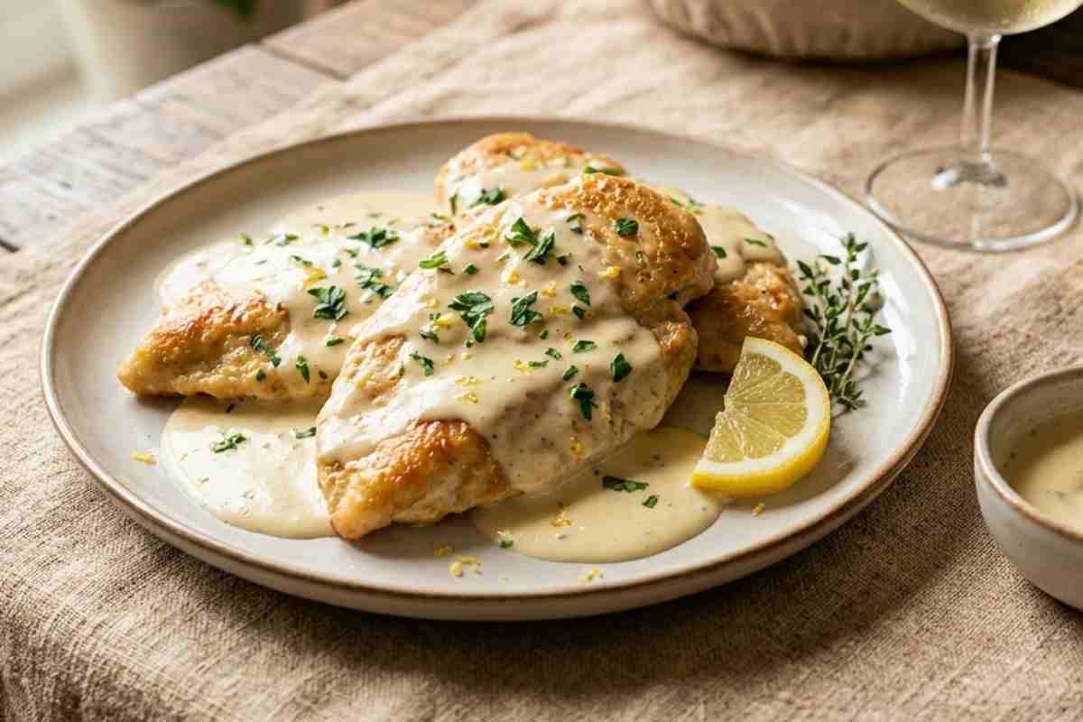 Fettine di Pollo della Principessa Sissi dorate in padella e ricoperte da una salsa vellutata alla panna e limone, guarnite con prezzemolo fresco e scorza grattugiata su un piatto elegante.