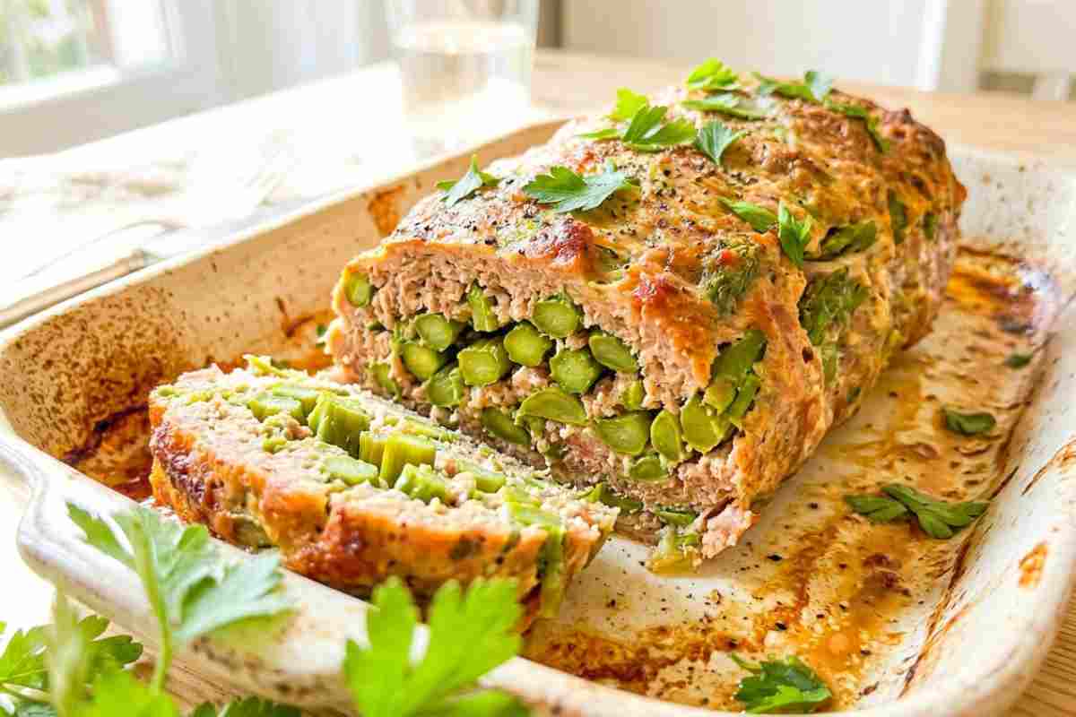 Un'immagine ravvicinata e luminosa del polpettone al prosciutto cotto con asparagi e taccole, servito intero in una pirofila di ceramica con una fetta tagliata.