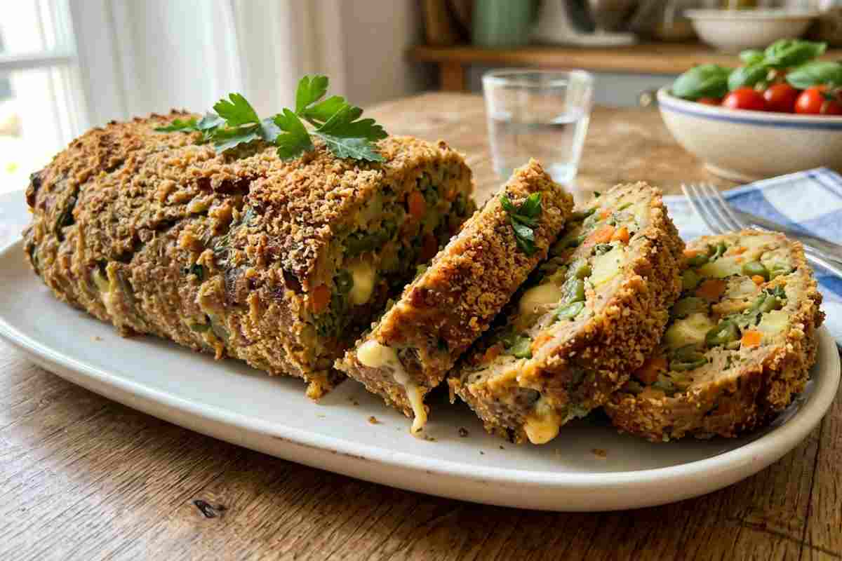 Polpettone vegetariano al forno a base di fagiolini e patate farcito con formaggio filante, servito a fette su un piatto da portata su un tavolo di legno.