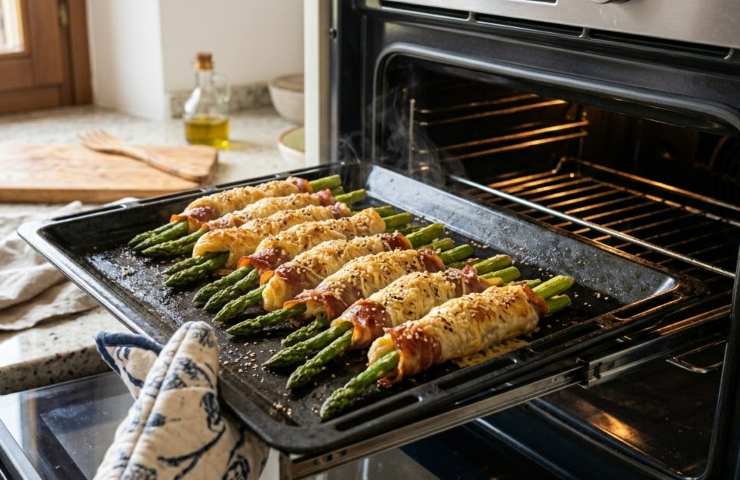 Asparagi arrostiti in teglia appena sfornati, contorno sano e croccante.