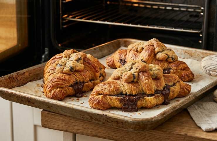 Crookie appena sfornati: croissant e cookie al cioccolato su teglia da forno, trend virale Pinterest.