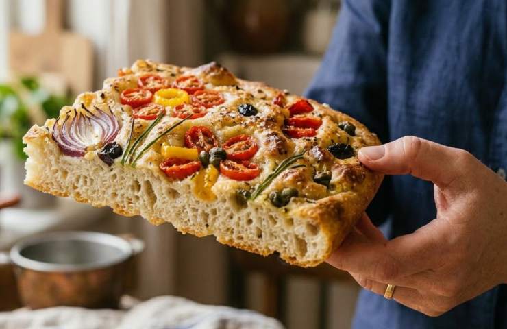 Primo piano dell'alveolatura alta e soffice di una focaccia senza impasto.