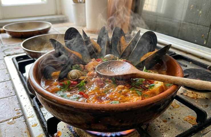 Zuppa di cozze napoletana in cottura nella pentola di terracotta sul fuoco con fumo e prezzemolo fresco.