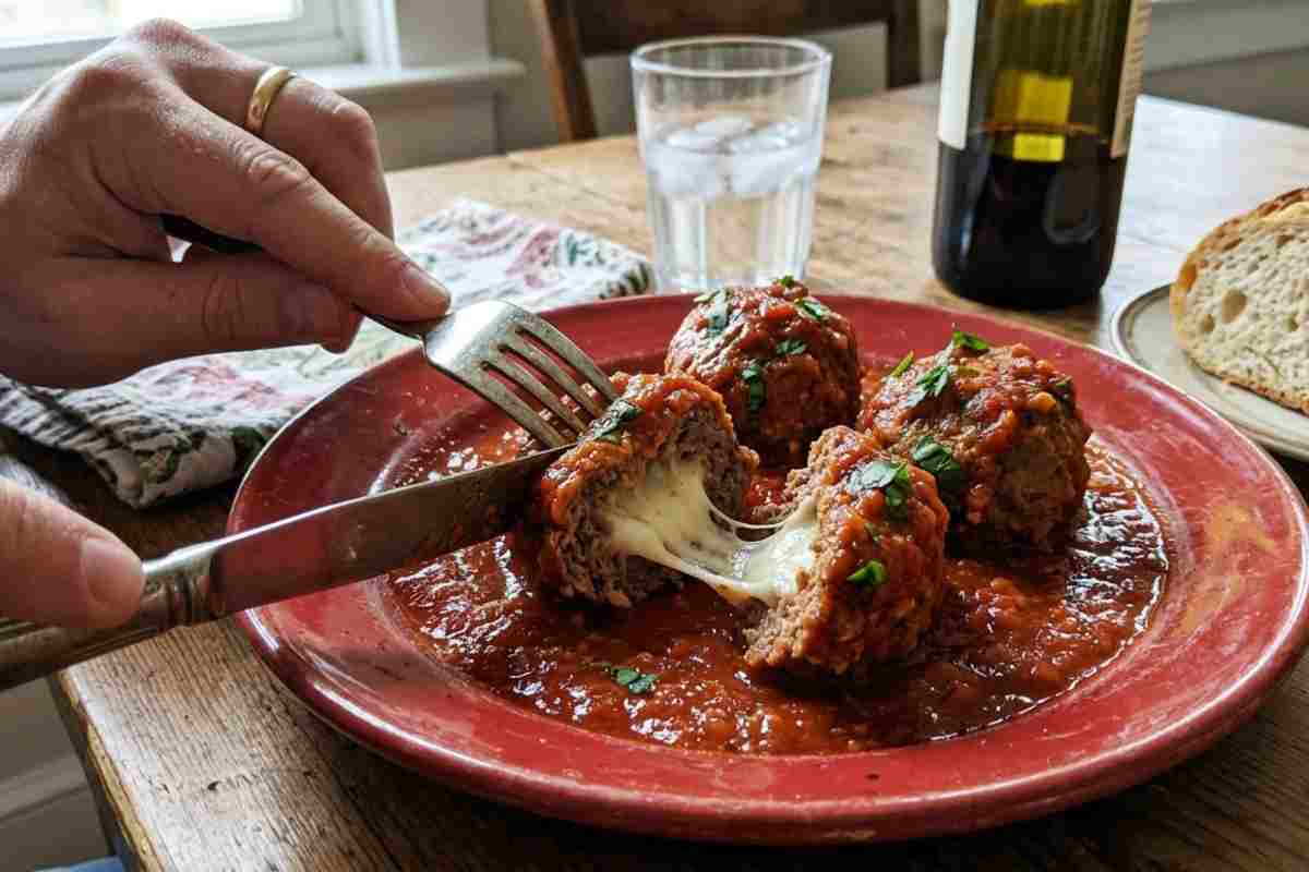Primo piano realistico di una polpetta al sugo ripiena di provola filante mentre viene aperta con una forchetta in un piatto rosso. Il formaggio fuso si allunga tra le due metà della carne morbida, immersa in un sugo di pomodoro denso e ricco, con prezzemolo fresco trito.