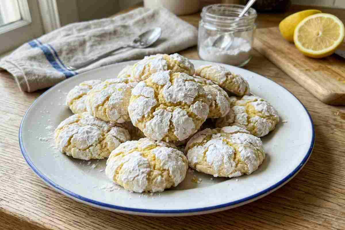 Lemon Crinkle Cookies fatti in casa: biscotti al limone morbidi con zucchero a velo e crepe perfette su un piatto vintage.