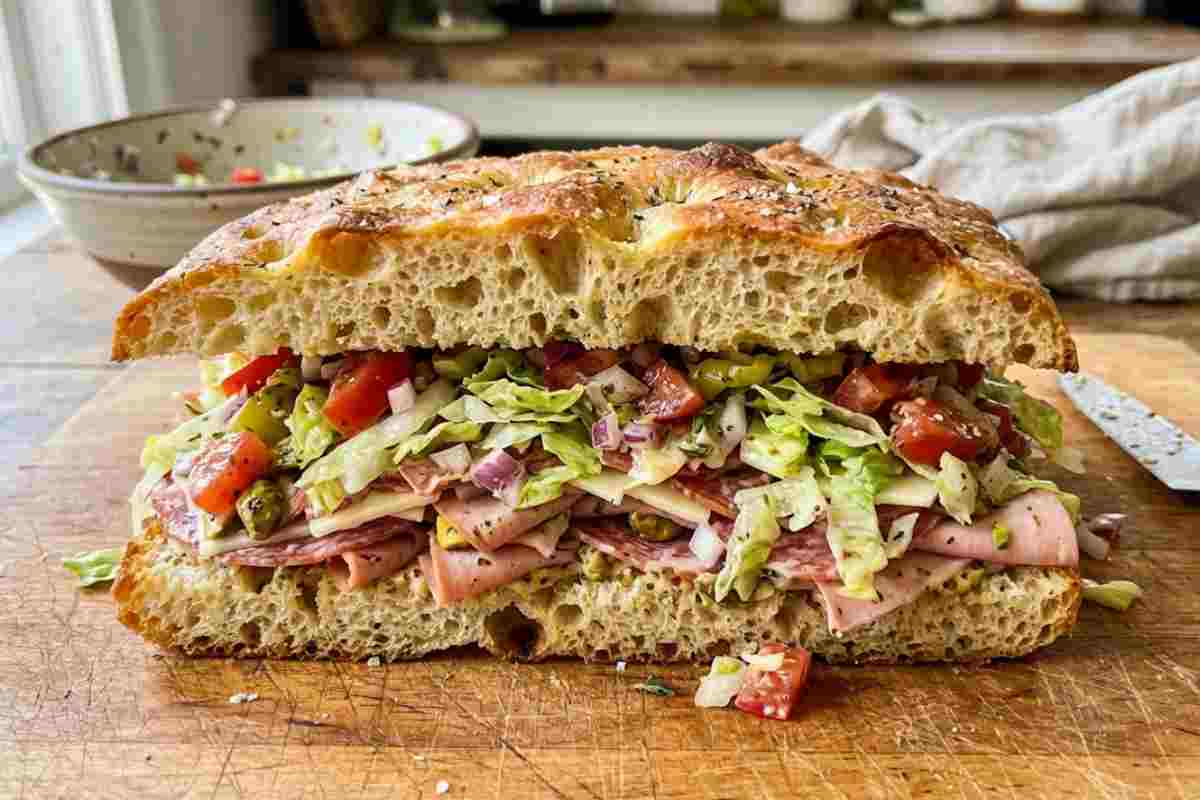 Focaccia farcita con insalata tritata virale (Chopped Sandwich) su tagliere di legno.