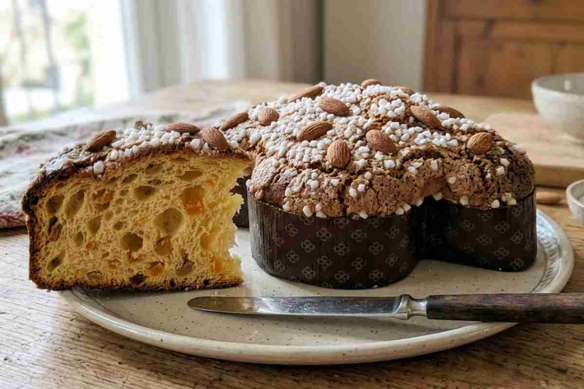 Colomba di Pasqua fatta in casa intera e tagliata a fette con glassa e mandorle.