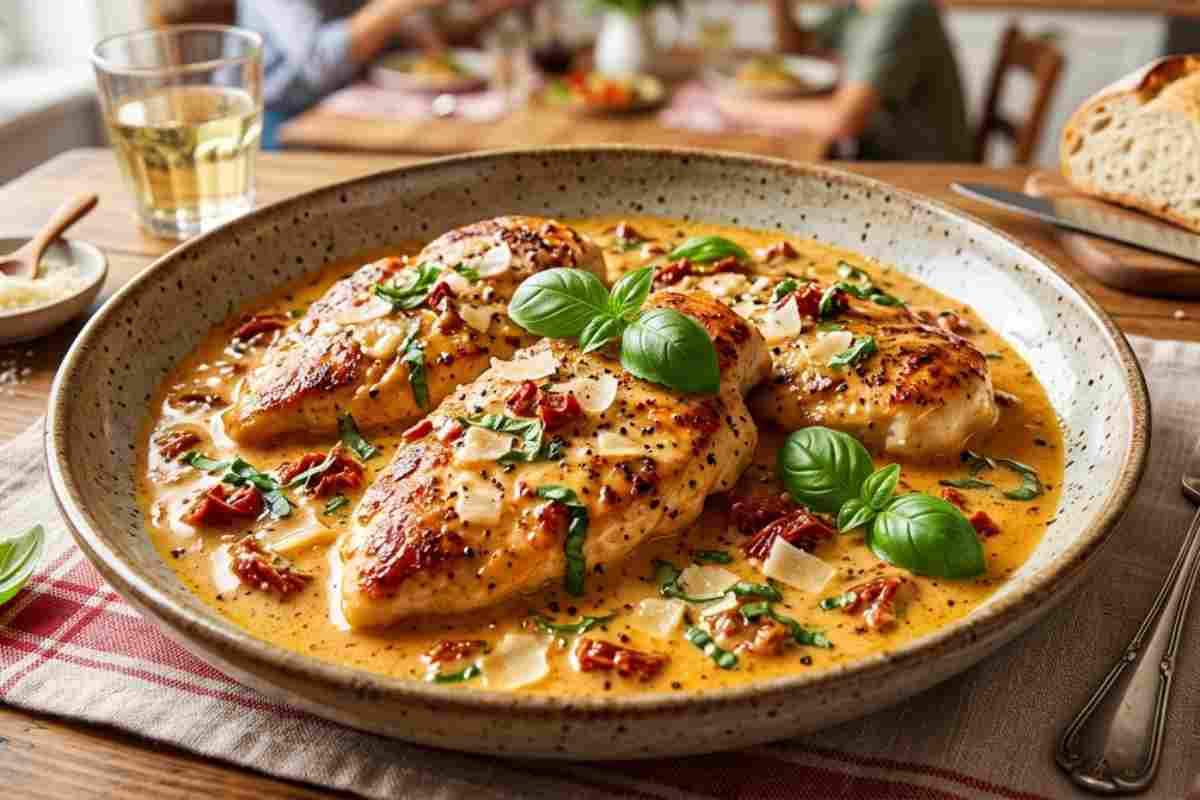 Piatto di Marry Me Chicken cremoso con pomodori secchi e basilico fresco su tavola apparecchiata.
