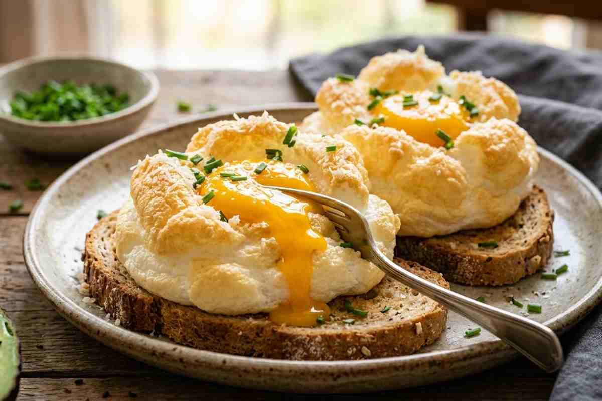 Nuvole d'uovo (Cloud Eggs) soffici su pane tostato con tuorlo cremoso, erba cipollina e avocado, ricetta veloce per brunch.