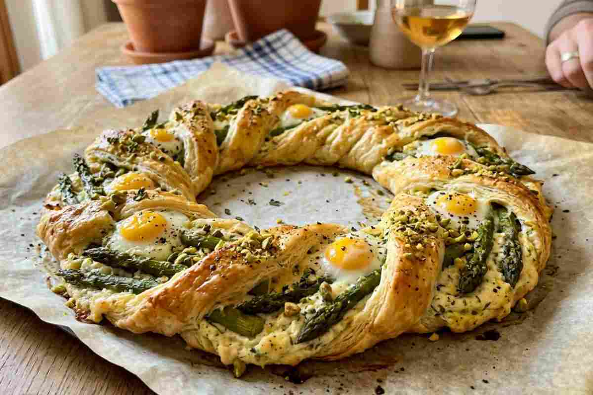 corona di sfoglia salata asparagi e uova servita in tavola appena sfornata.