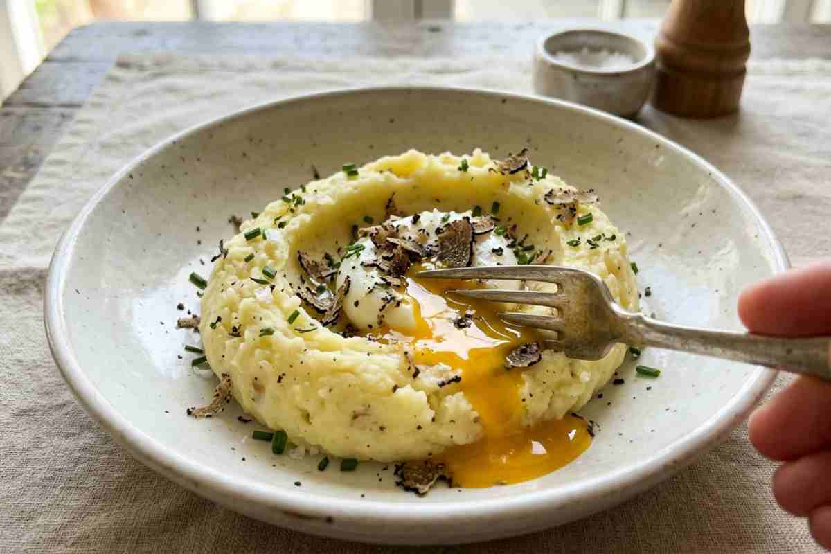 Uovo in camicia su purè di patate con scaglie di tartufo nero e erba cipollina, su una tavola da pranzo con una forchetta.