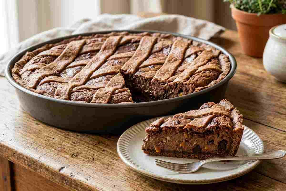 Fetta di pastiera napoletana al cioccolato cremosa con grano e canditi, servita su un piatto, con tortiera intera sullo sfondo e frolla al cacao.