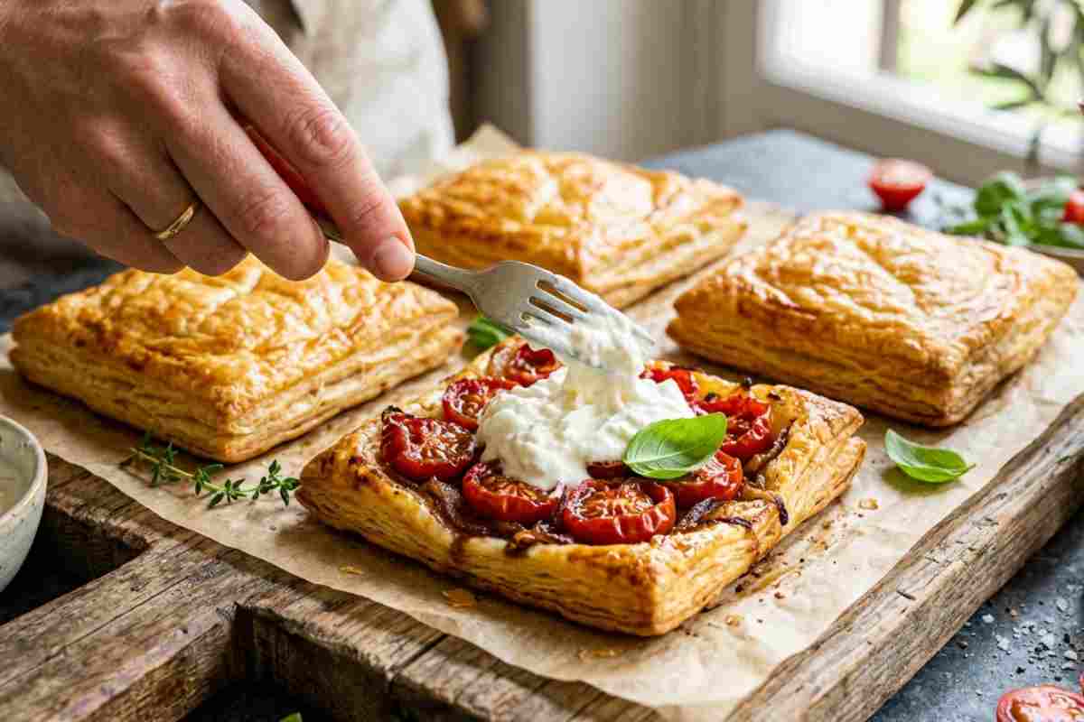 Quadrotti di pasta sfoglia sottosopra con pomodorini caramellati al miele e burrata fresca guarniti con basilico su un tagliere in legno rustico.