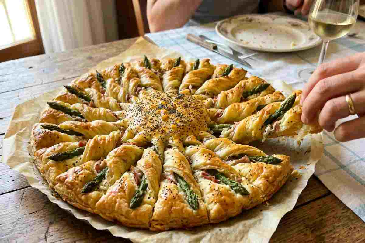 Torta salata Girasole di sfoglia con asparagi, antipasto scenografico per pranzo Pasqua 2026.